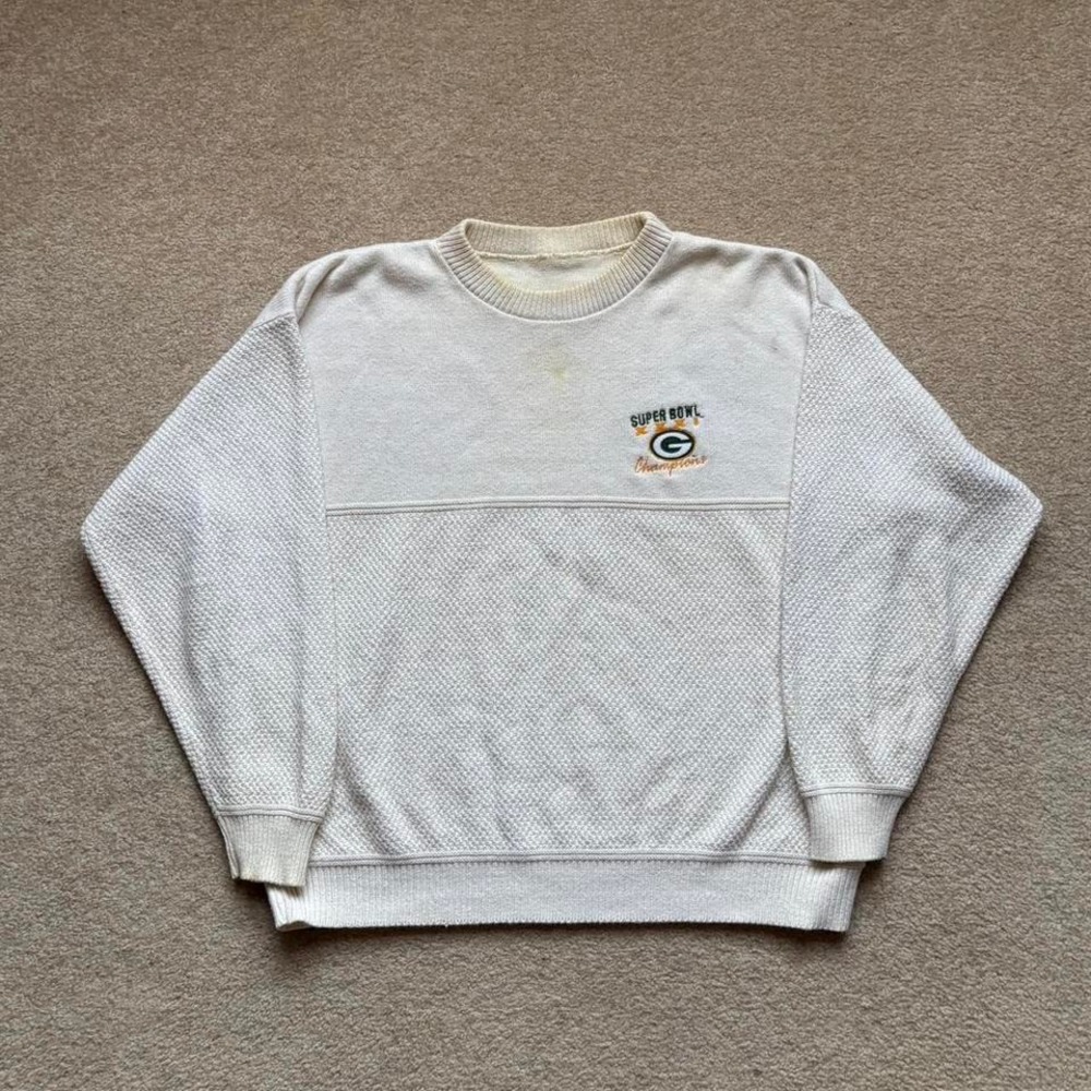 Green Bay Packers Knit‎ Crewneck Sweatshirt Vtg 90s Embroidered Cream Colored